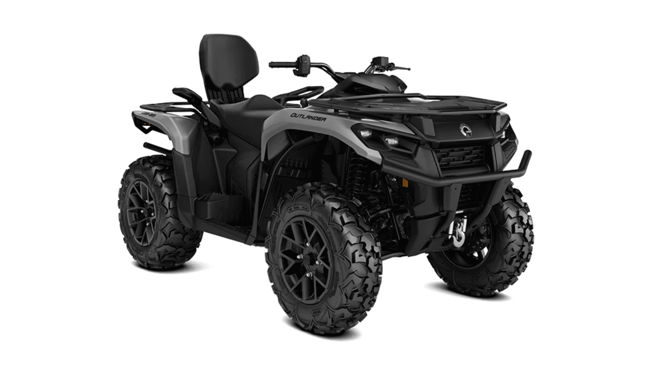 Studio view of the 2025 Can-Am Outlander ATV with black paint and rugged tires.
