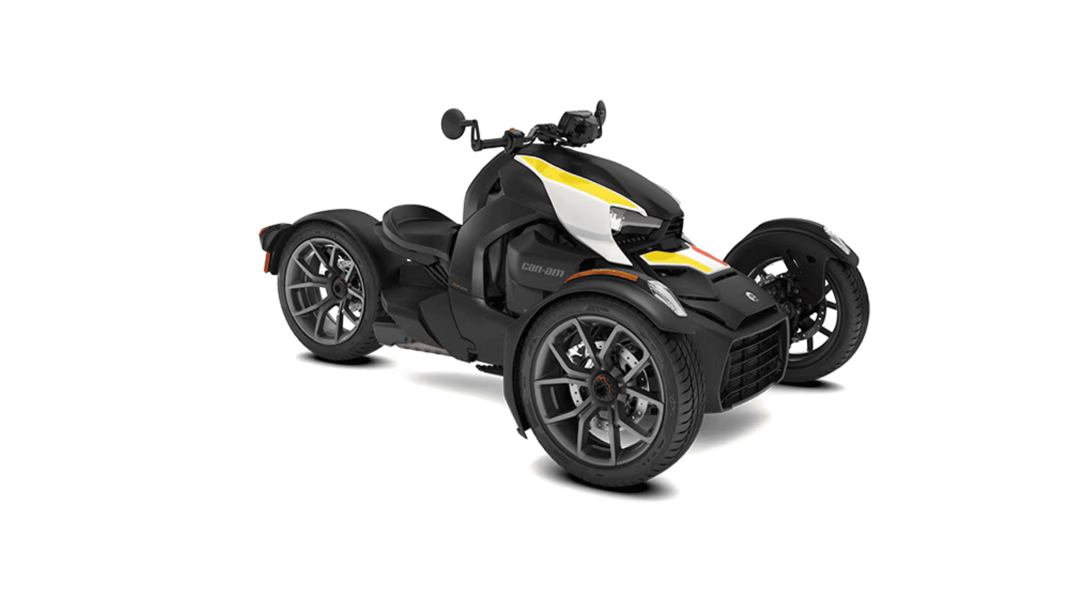 2025 Can-Am Ryker 600 three-wheel motorcycle in black with yellow and white accents on white background